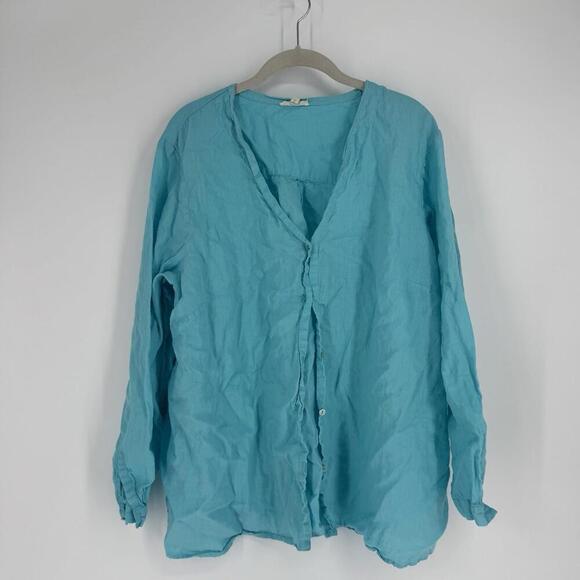 Eileen Fisher Shirt top 2x teal irish linen button up beachy plus career office - Picture 1 of 5